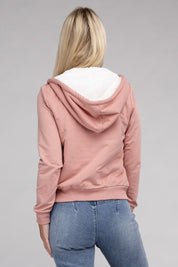 Fuzzy Trim Zip-Up Crop Hoodie