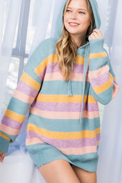 Women's Oversized Multi Stripe Pullover Hoodie Sweater