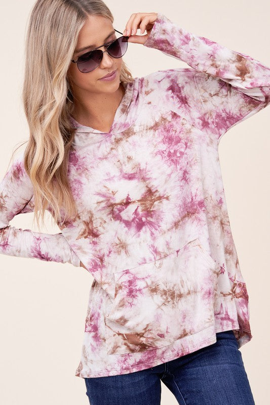 Women's Casual Tie Dye Print Hoodie with Front Pocket