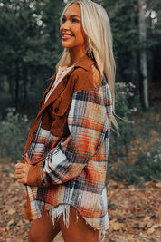 Women's Plaid Corduroy Patchwork Shacket with Chest Pockets