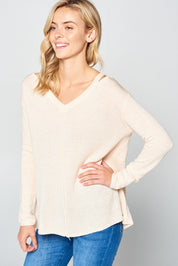 Women's Casual Loose Fit V Neck Cold Shoulder Sweater