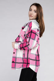 Women's Casual Hooded Plaid Fleece Shacket