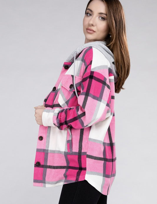 Women's Casual Hooded Plaid Fleece Shacket