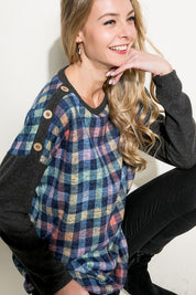 Women's Loose Fit Plaid Mixed Long Sleeve Top