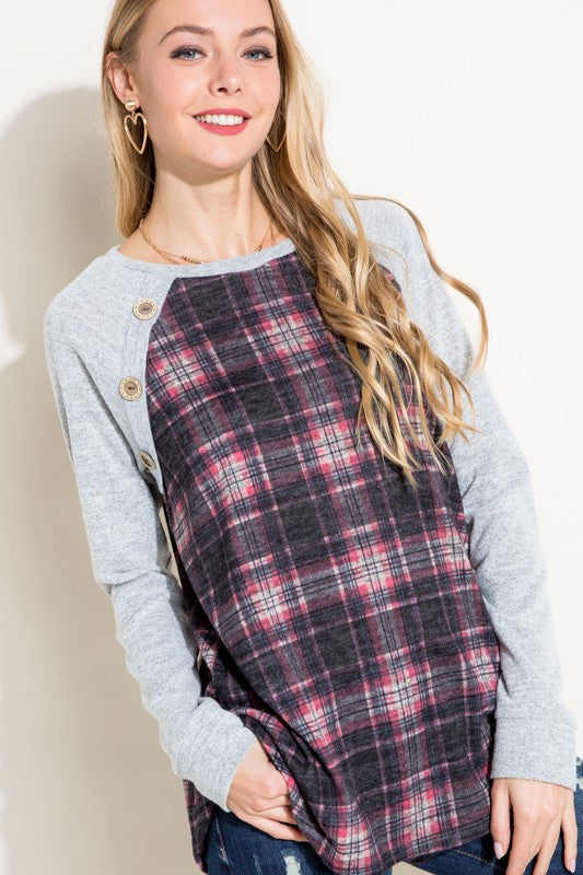 Women's Casual Plaid Mixed Button Detail Long Sleeve Top