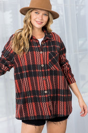 Women's Oversized Fuzzy Plaid Flannel Button Down Shacket