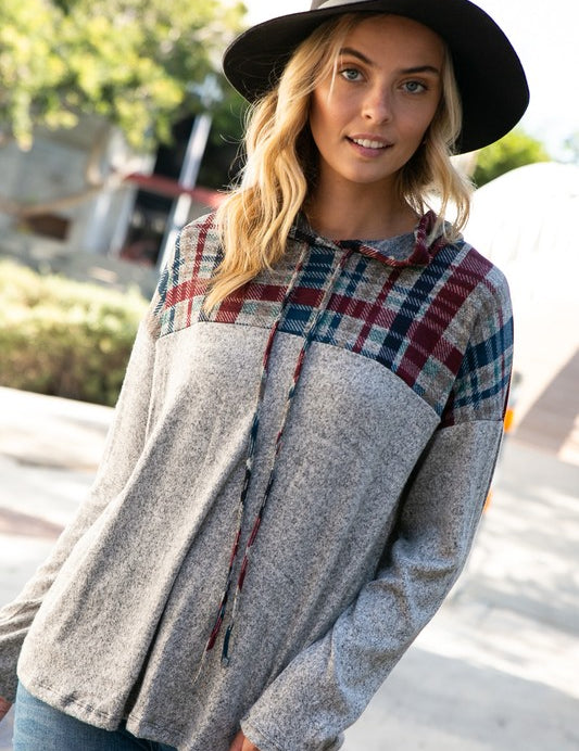 Women's Casual Regular Fit Plaid and Solid Mixed Hoodie Top