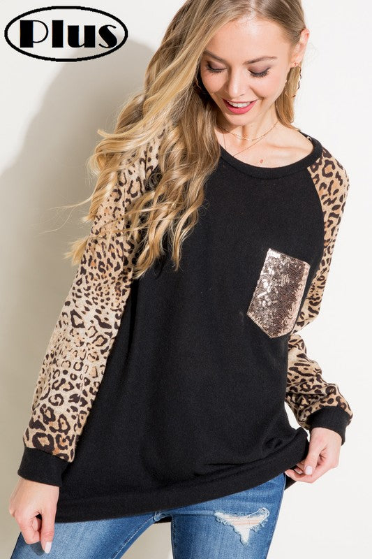 Women's Casual Solid and Animal Print Pocket Tunic Top