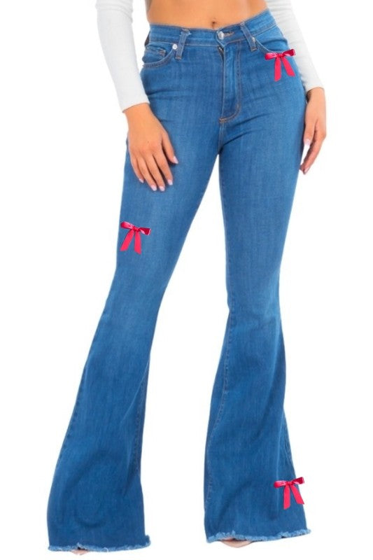 Women's High Rise Bell Bottom Jeans with Pink Ribbon Detail