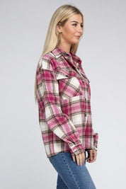 Women's Long Sleeve Checked Shacket with Front Pockets