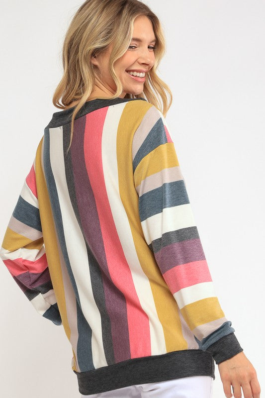 Women's Loose Fit Wide V Neck Stripe Sweatshirt