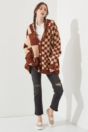 Women's Checkered Oversized Sweater with Button Closure