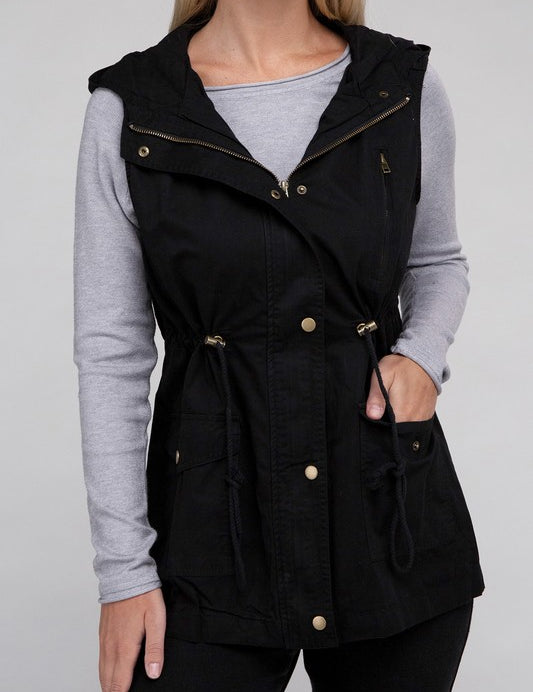 Drawstring Waist Military Hoodie Vest