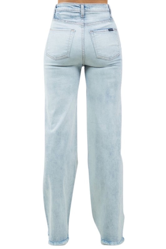 Women's High Rise Wide Leg Jeans with Frayed Hem