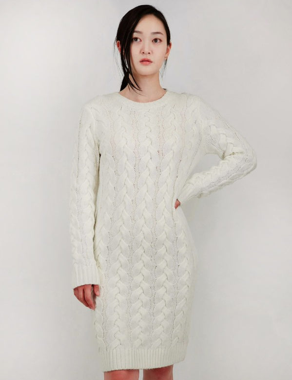 Women's Loose Fit Cable Knit Knee Length Sweater Dress