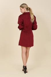 Women's Satin Collared Wrap Mini Dress in Wine and Sage