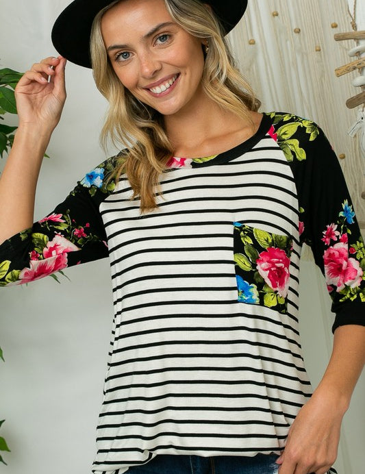 Plus Size Floral Stripe Pocket Top