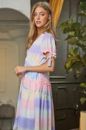 Women's Ombre Striped V-Neck Maxi Dress with Puff Sleeves