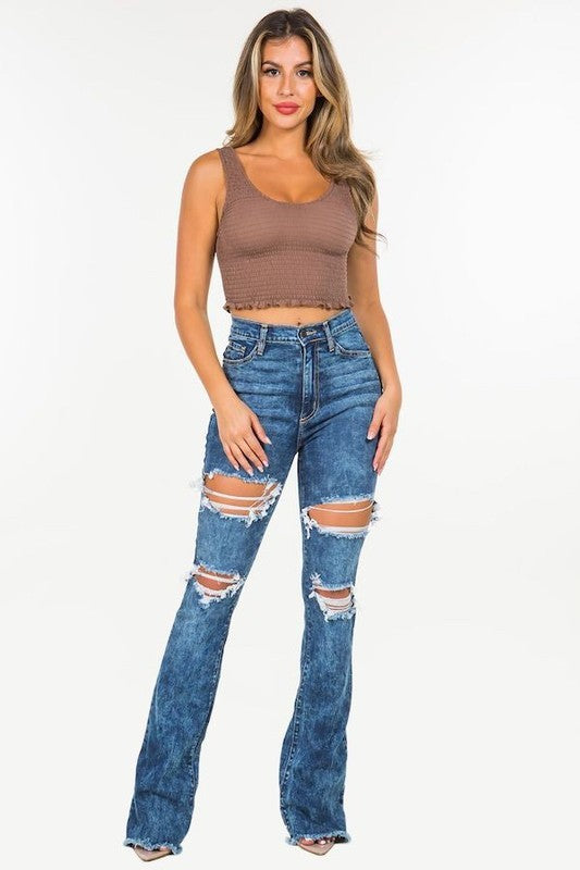 Women's High Rise Boot Cut Jeans with Frayed Hem