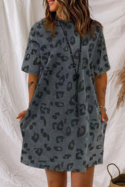 Women's Short Sleeve Leopard Print T-Shirt Dress with Pockets