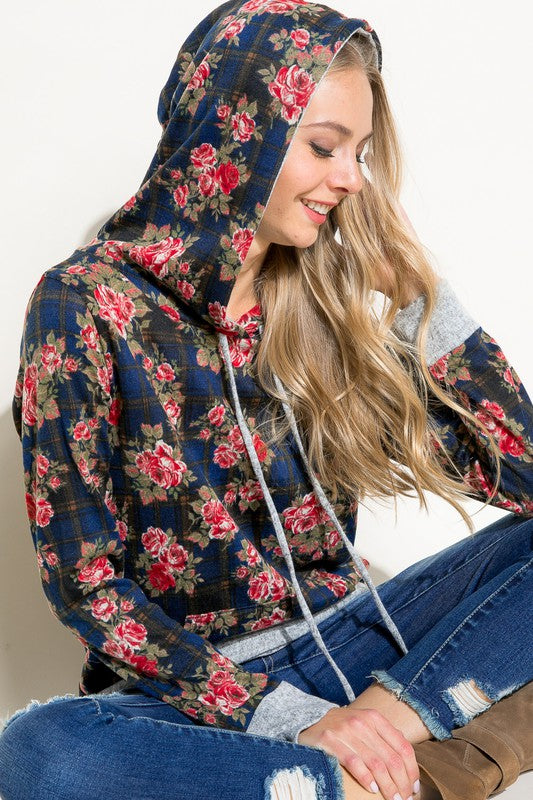 Women's Casual Plaid Floral Mix Hoodie Sweatshirt