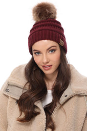 Winter Knitted Beanie Hat with Faux Fur Pom Pom