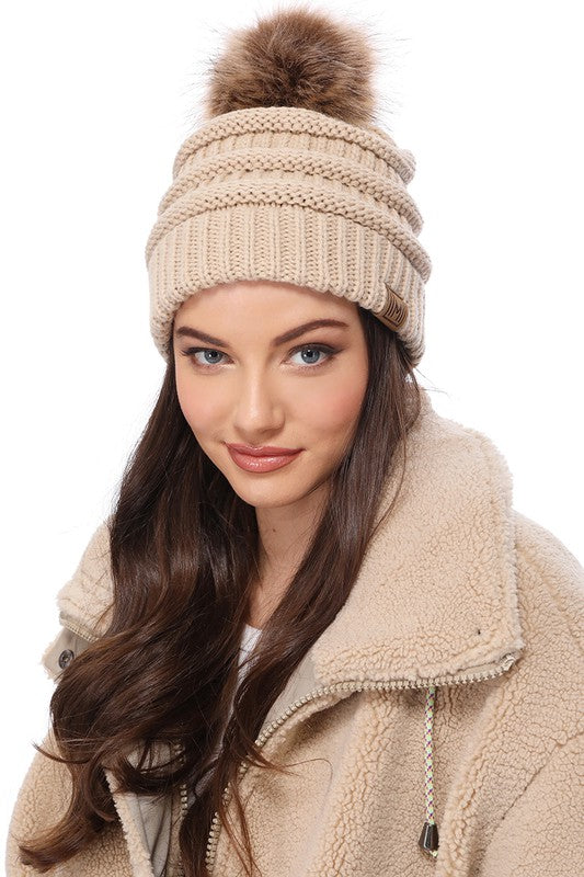 Winter Knitted Beanie Hat with Faux Fur Pom Pom