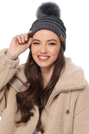 Winter Knitted Beanie Hat with Faux Fur Pom Pom