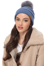 Winter Knitted Beanie Hat with Faux Fur Pom Pom