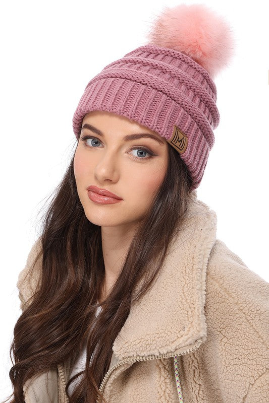 Winter Knitted Beanie Hat with Faux Fur Pom Pom