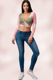 Rayon Tie Dye Surplice Tie back Crop Top