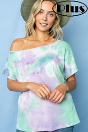 TIE DYE THERMAL ONE SHOULDER SHORT SLEEVE PLUS TOP
