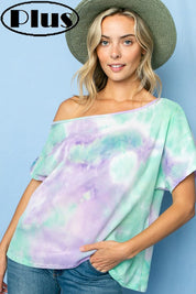 TIE DYE THERMAL ONE SHOULDER SHORT SLEEVE PLUS TOP