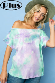 TIE DYE THERMAL ONE SHOULDER SHORT SLEEVE PLUS TOP