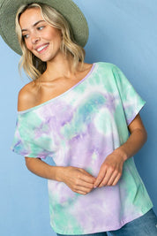 TIE DYE THERMAL ONE SHOULDER SHORT SLEEVE PLUS TOP
