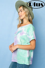 TIE DYE THERMAL ONE SHOULDER SHORT SLEEVE PLUS TOP