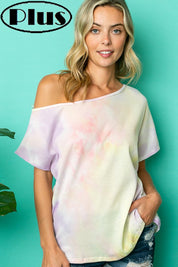 TIE DYE THERMAL ONE SHOULDER SHORT SLEEVE PLUS TOP