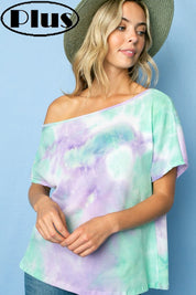 TIE DYE THERMAL ONE SHOULDER SHORT SLEEVE PLUS TOP