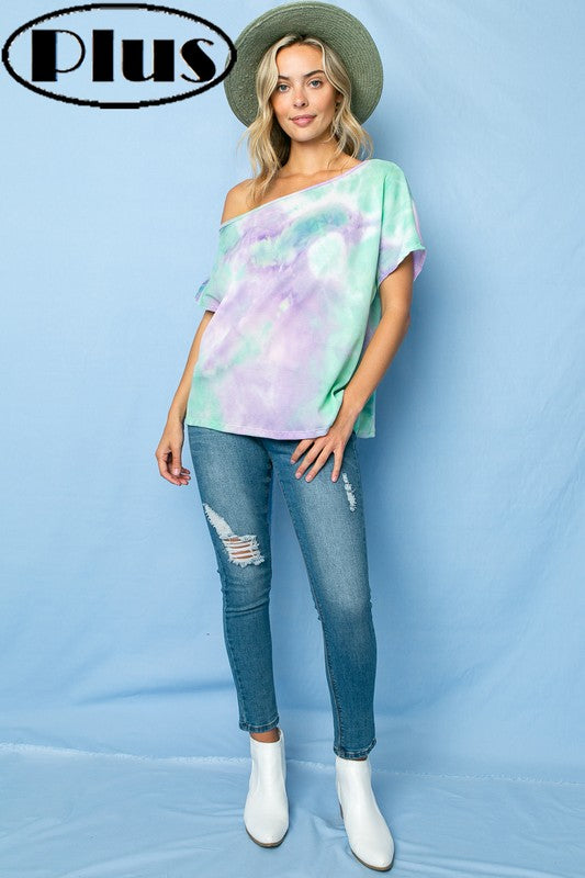 TIE DYE THERMAL ONE SHOULDER SHORT SLEEVE PLUS TOP