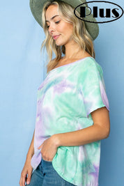 TIE DYE THERMAL ONE SHOULDER SHORT SLEEVE PLUS TOP