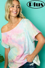 TIE DYE THERMAL ONE SHOULDER SHORT SLEEVE PLUS TOP
