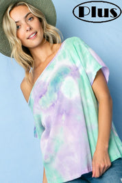 TIE DYE THERMAL ONE SHOULDER SHORT SLEEVE PLUS TOP