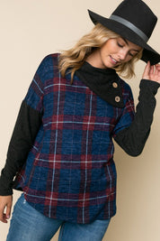 PLAID MIXED SPLIT COLLAR TOP