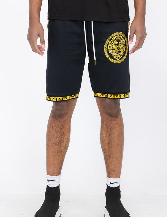 Mens Lion Head Black and Gold Detail Shorts