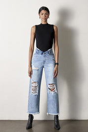 Frayed Flip Waist Straight Jeans