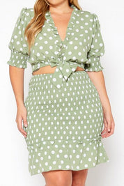Plus Size Polka Dot Print Crop Top &Mini Skirt Set