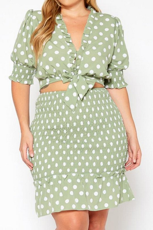 Plus Size Polka Dot Print Crop Top &Mini Skirt Set
