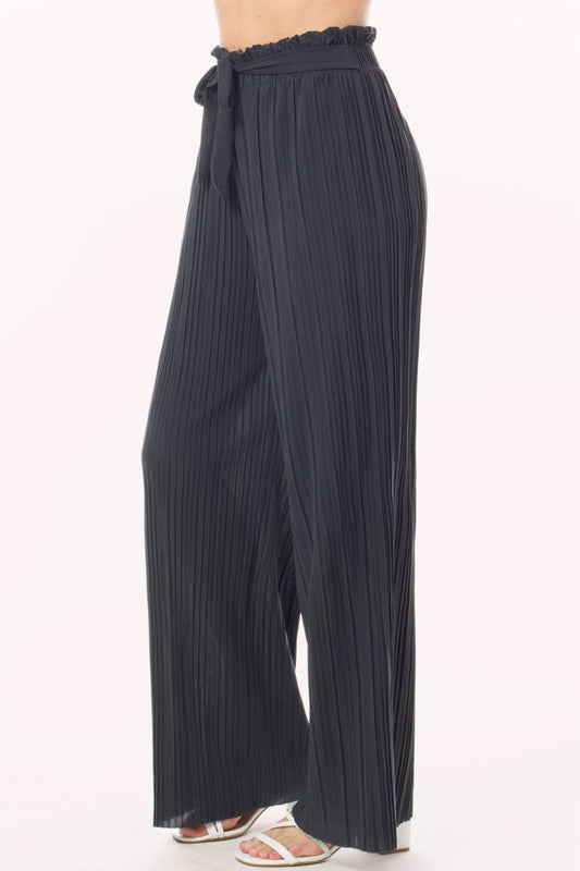Tie Paperbag Waist Pleated Wide Leg Palazzo Pants