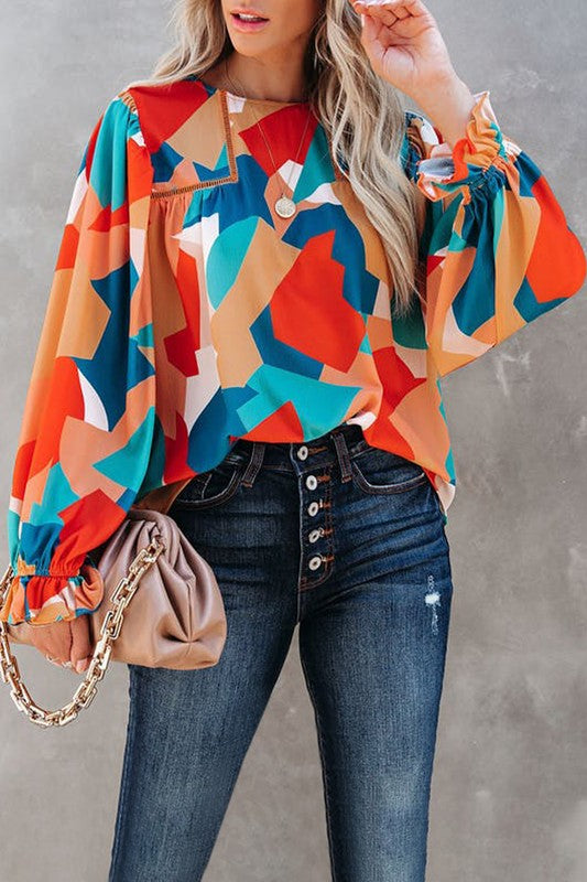 Color Block Crewneck Ruffled Puff Sleeve Blouse