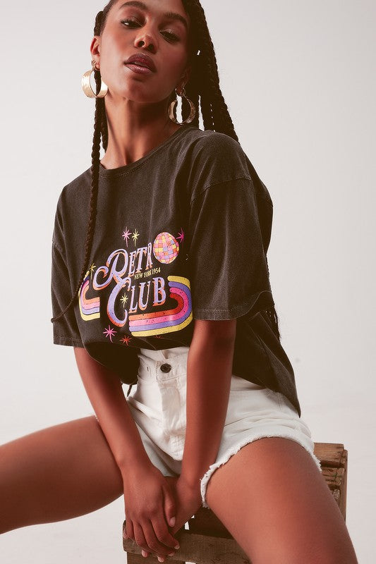 Relaxed T Shirt In Washed Black With Retro Print